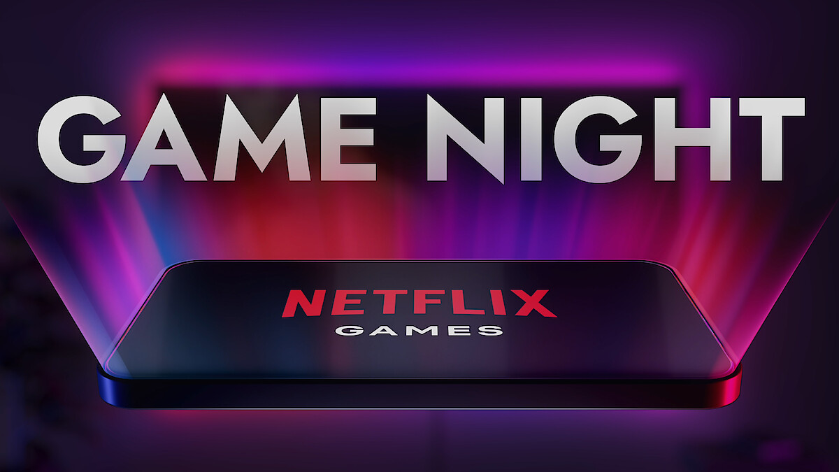 A glowing smartphone with "NETFLIX GAMES" on the screen sits under bold "GAME NIGHT" text, colorful neon lights create an energetic, playful atmosphere, suggesting a fun night of Netflix gaming.