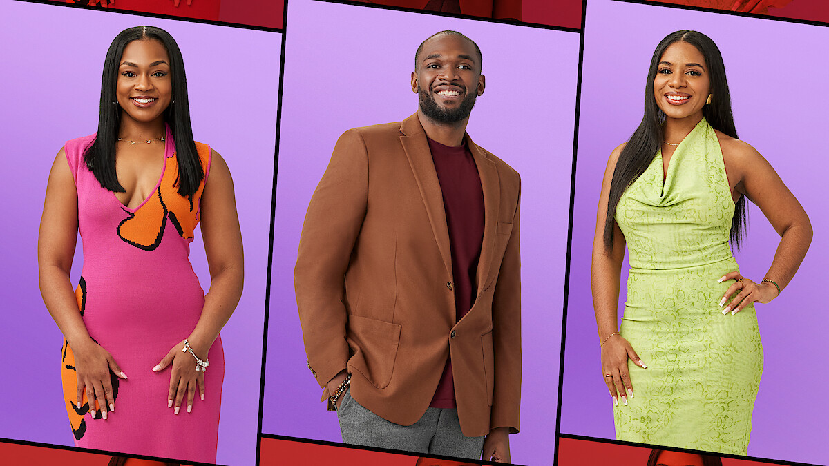 Keya, Kevan, and Tyler posing in studio portraits with purple backgrounds, split into three panels; woman in pink dress left, man in brown blazer center, woman in green dress right, all smiling and well-dressed.