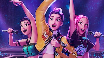 Zoey, Rumi, and Mira sing on stage in 'KPop Demon Hunters'