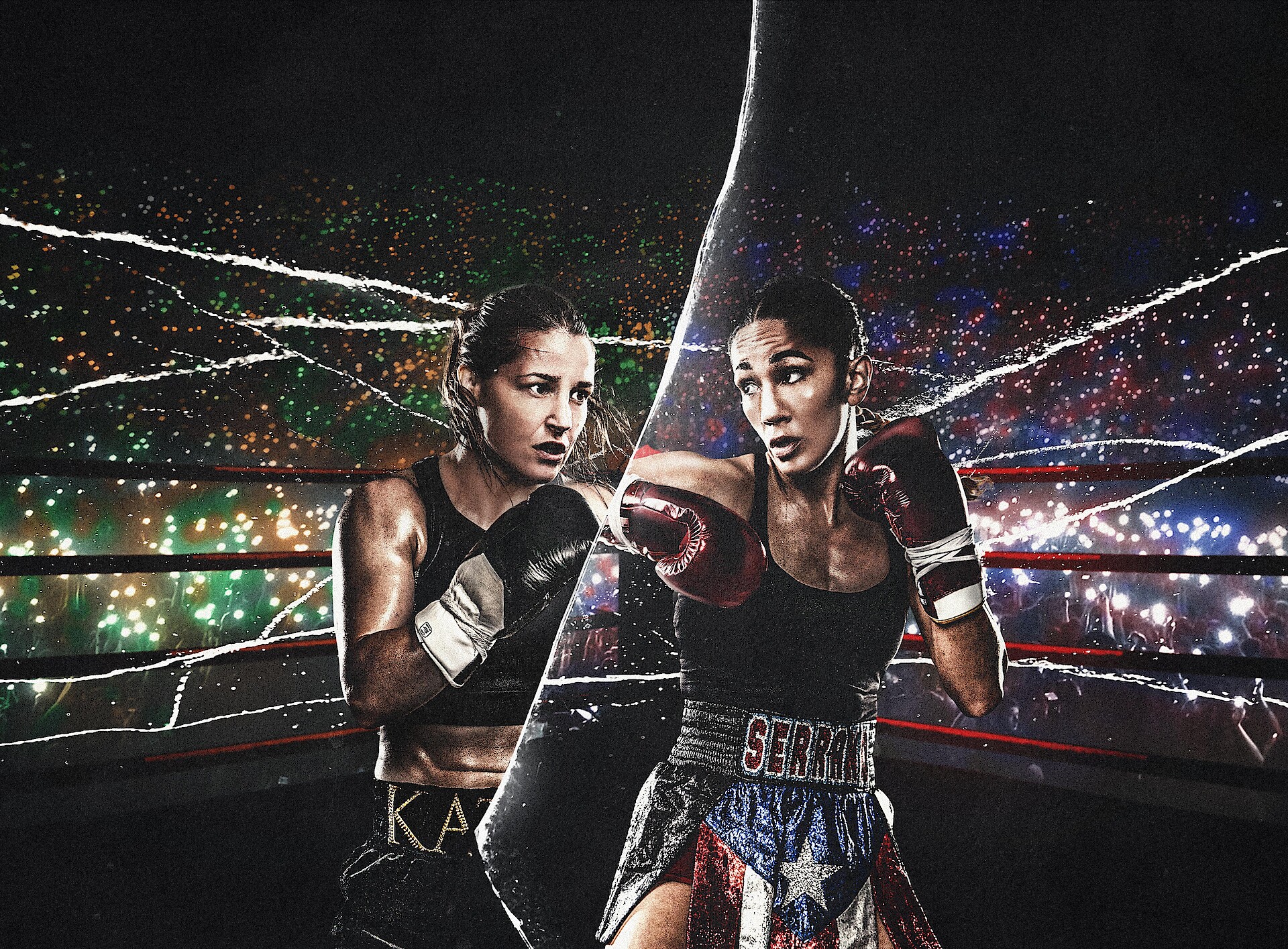 Katie Taylor vs. Amanda Serrano 3 - Katie Taylor and Amanda Serrano facing off in the ring 