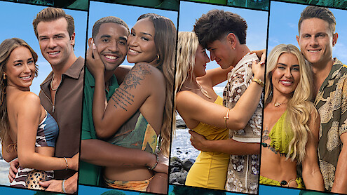 Four Temptation Island Season 2 couples smiling and embracing, standing outdoors in a sunny, tropical beach setting, dressed in casual summer outfits, with blue sky and ocean in the background.