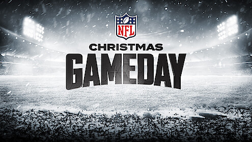 NFL Christmas Gameday graphic with snowy football field, stadium lights, and festive atmosphere promoting a holiday football event.