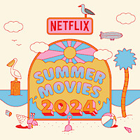 A beachy illustration with sand, pelicans, seagulls, palm trees, sand castles, a fruity drink with an umbrella and beach ball. 'Summer Movies 2024' 