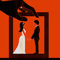 A graphic of a couple getting married with a hand over them.