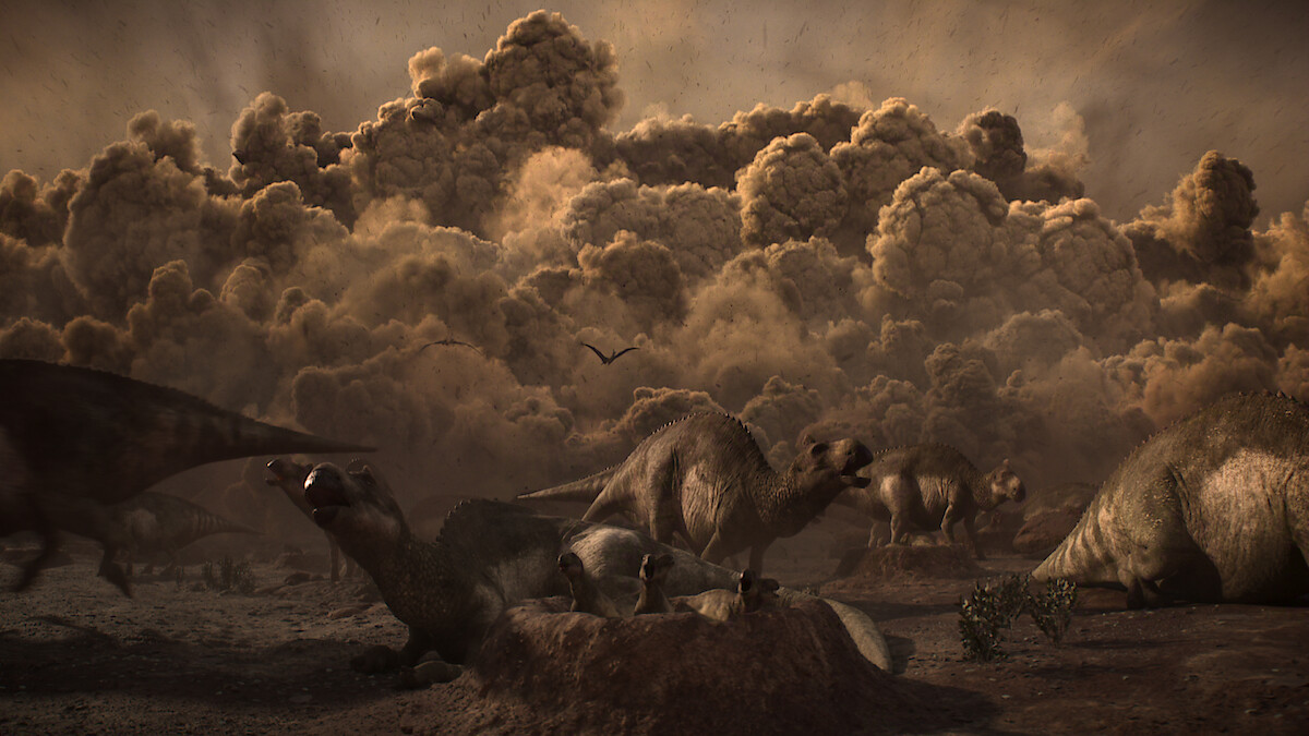 Dinosaurs in a barren landscape react to a massive, dark dust cloud in the background, evoking a prehistoric extinction event environment.