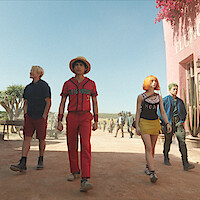 Jacob Romero as Usopp, Taz Skylar as Sanji, Iñaki Godoy as Monkey D. Luffy, Emily Rudd as Nami, and Mackenyu as Roronoa Zoro in 'ONE PIECE' Season 2. 