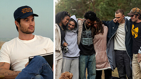 Final Day: Chase Stokes next to image of 6 cast members hugging