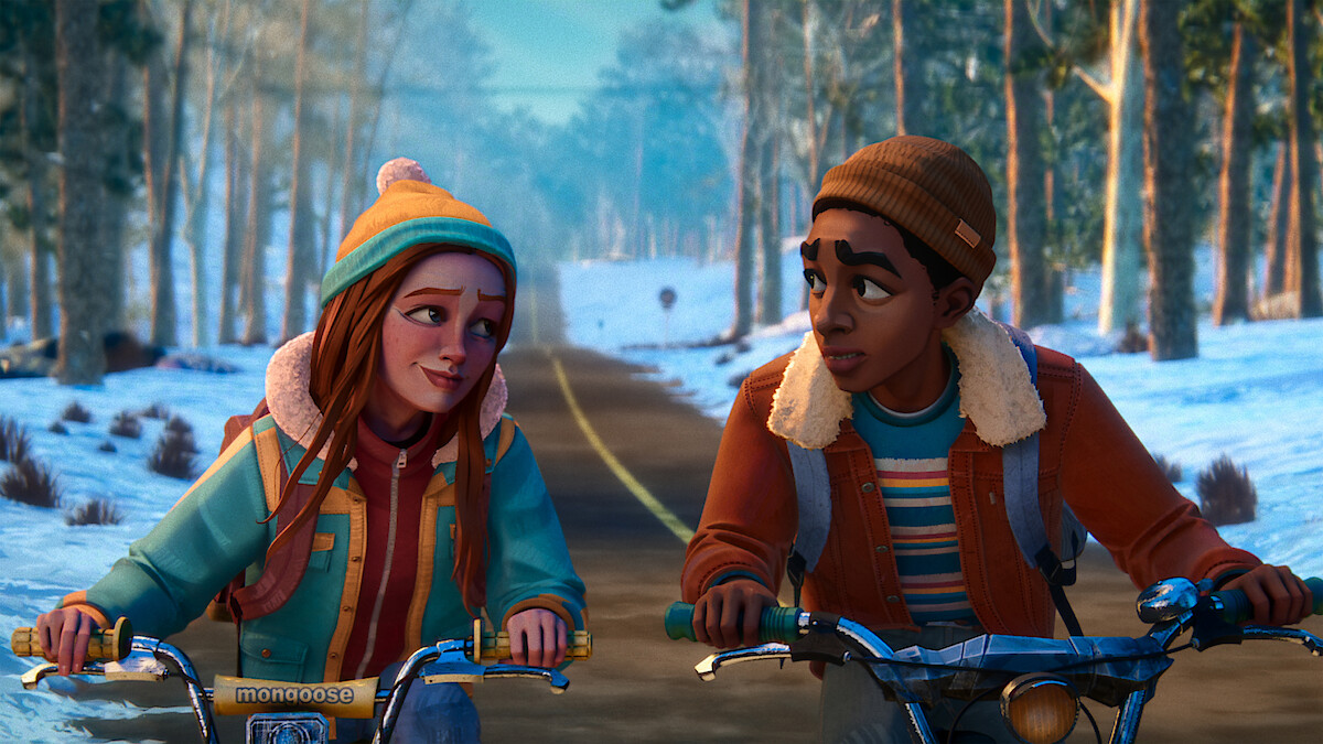 Two animated teenagers ride bikes on a rural road lined with snow-covered trees, wearing winter jackets and hats, having a conversation in a peaceful, wintry forest landscape.