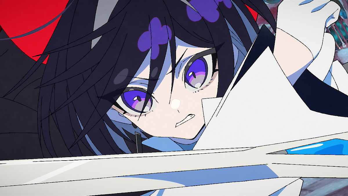 Anime-style character with intense purple eyes and dark hair, wearing a white outfit, is preparing to strike with a sword in an action scene with a dramatic red and dark background.