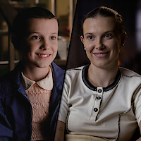 A split-screen contrasts Millie Bobby Brown in Season 1, with short hair and a blue jacket, smiling in a brightly lit room, and her Season 5 look, wearing a white shirt and smiling softly in a dimly lit indoor setting.