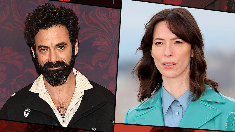 Two people are pictured side by side; the man on the left has curly dark hair and a beard, standing against a dark red patterned background, while the woman on the right has brown hair and wears a teal coat, outside with a blurred background.