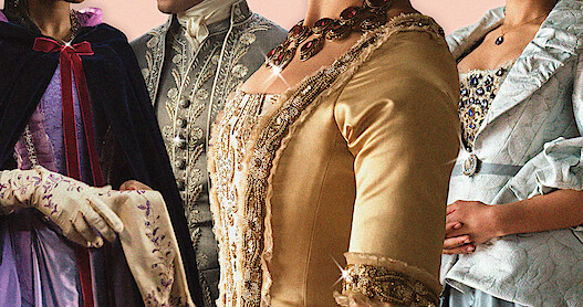 Close-up image of four costumes from Queen Charlotte