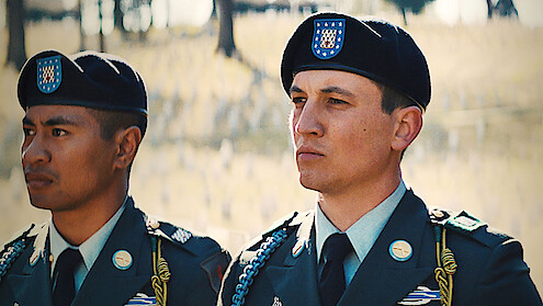 Beulah Koale as Tausolo Aieti and Miles Teller as Adam Schumann in 'Thank You for Your Service'.