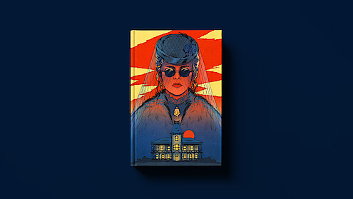 Illustrated book cover showing a stern woman in Victorian attire and sunglasses, set against a bold red and yellow sky, with a large haunted mansion and sunset below her, on a solid dark blue background.