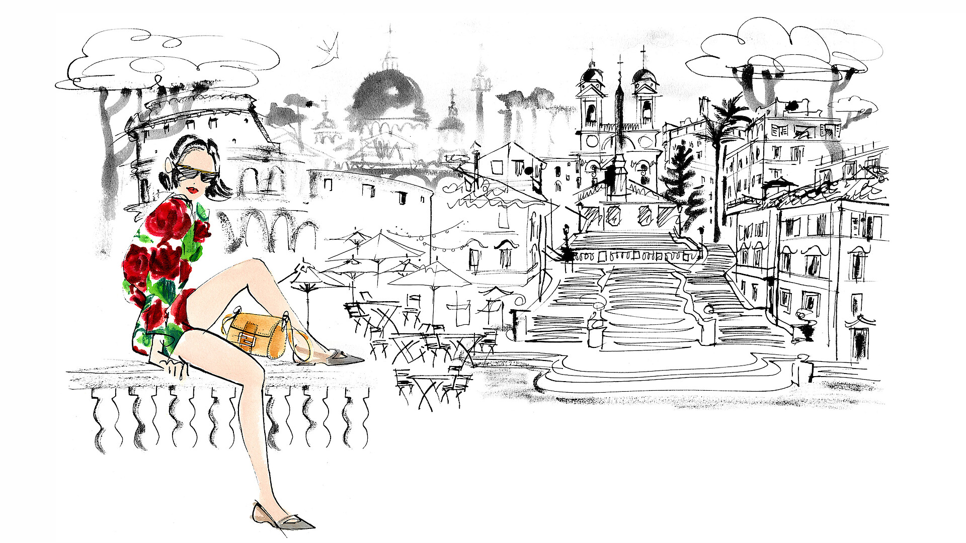 An illustration of Emily Cooper sitting on a carved stone ledge with the streets of Rome behind her, wearing the fabulous floral short and blouse set and fake Fendi Baguette purse that the marketing maven wore to meet the team at Fendi in Season 3 of Emily in Paris.