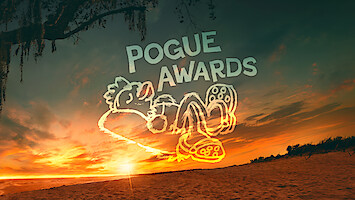 Cartoon character reclining in Crocs with text "POGUE AWARDS" in the sky, set against a vibrant beach sunset with trees and dramatic clouds in the background.