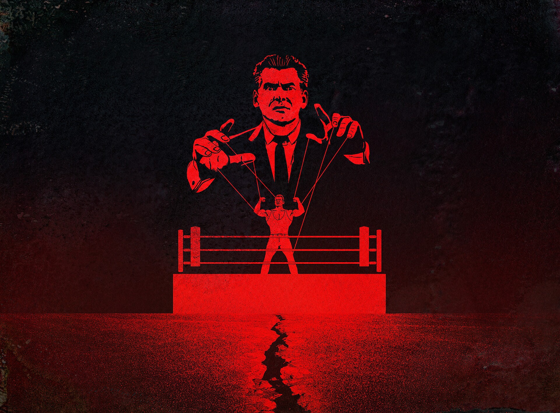 An illustrated Vince McMahon controlling a wrestler in a ring like a puppeteer. 