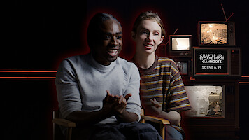 Caleb McLaughlin and Maya Hawke behind the scenes of 'Stranger Things 5'
