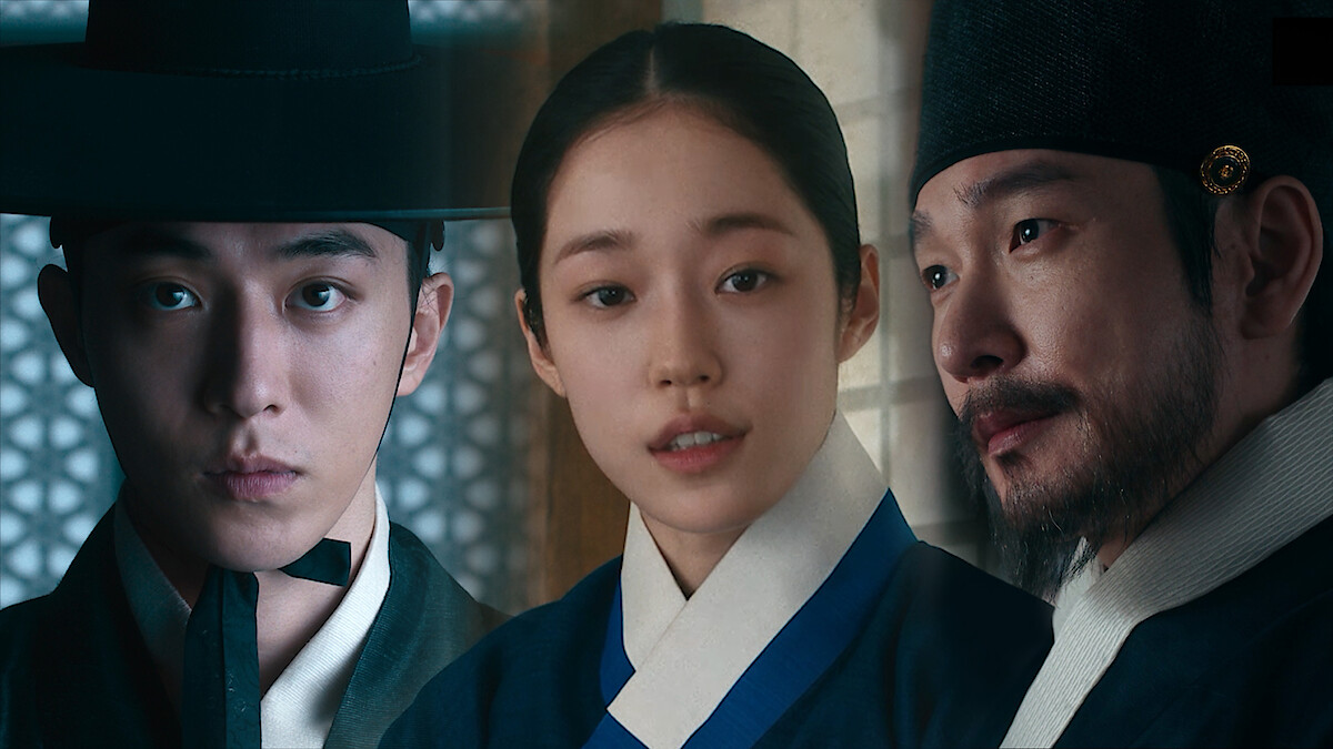 Three people in historical Korean clothing, two men and one woman, are indoors with traditional décor in the background, dressed in hanbok and official hats, suggesting a period drama or historical setting.