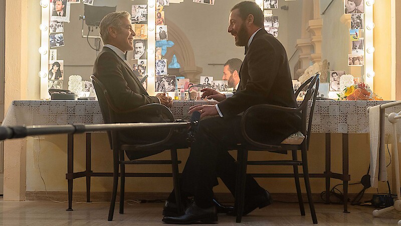 George Clooney as Jay Kelly and Adam Sandler as Ron on the set of 'Jay Kelly.'