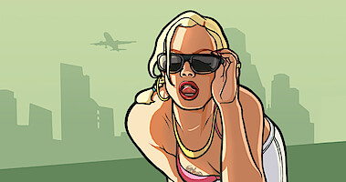 Illustrated women with blonde hair and sunglasses with cityscape in background. 