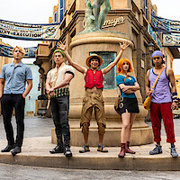 Taz Skylar as Sanji, Mackenyu as Roronoa Zoro, Iñaki Godoy as Monkey D. Luffy, Emily Rudd as Nami, and Jacob Romero as Usopp in Season 2 of 'One Piece'