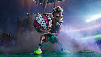 Animated anthropomorphic goat in basketball uniform grips a basketball on a futuristic, misty court with rocky background and dramatic lighting, ready to play in a high-energy game setting.