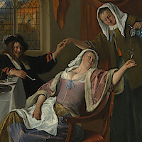 Three people in a dimly lit room; a woman lounges in a chair as another pours wine into her glass, while a man at a table holds her hand. Stained glass windows and heavy drapes are visible in the background.