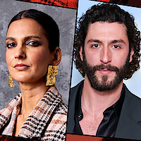 Split-image of a woman with large gold earrings and checkered jacket against a textured gray background, and a man with curly hair and beard in a black jacket against a light blue backdrop, both facing the camera.