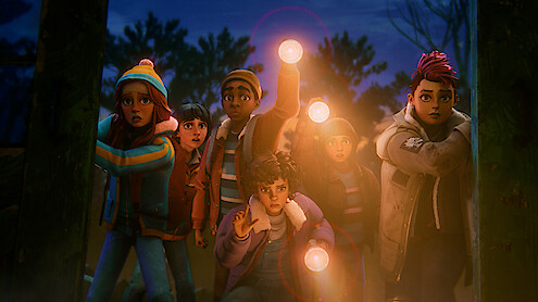Six animated kids in winter clothes exploring a dark, outdoor forest at night, holding flashlights and looking cautiously ahead, appearing alert and adventurous.