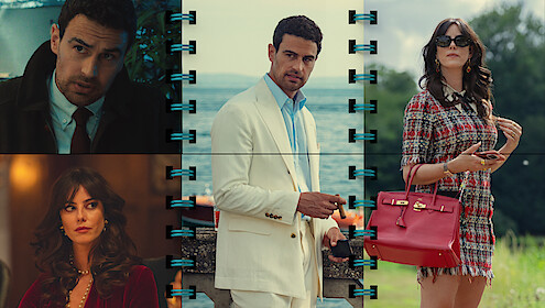 Collage featuring a serious man in a suit indoors, a stylish woman in red inside, a man outdoors in a white suit by water, and a fashionable woman in plaid with a red purse standing outside, all separated by notebook-style dividers.