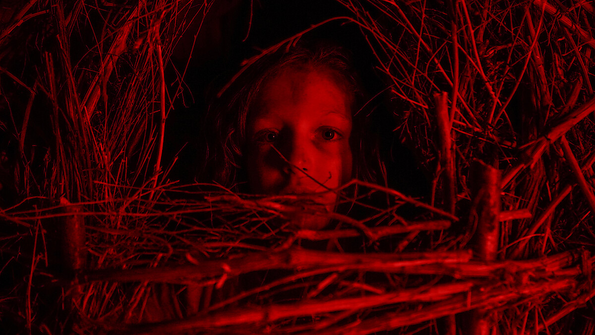 A child’s face illuminated by red light, looking through a dense, circular arrangement of woven sticks in a dark, mysterious setting.
