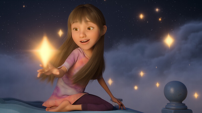 A girl sits on a bed floating through the night sky in 'In Your Dreams'