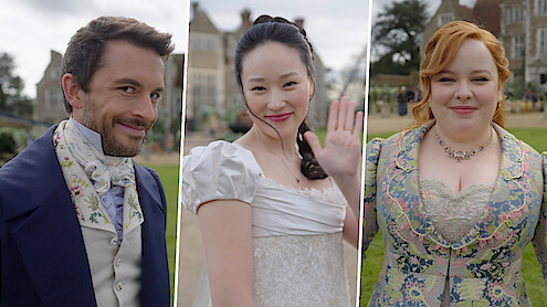 Bridgerton S4 Wedding Featurette: Jonathan Bailey, Yerin Ha + Nicola Coughlan