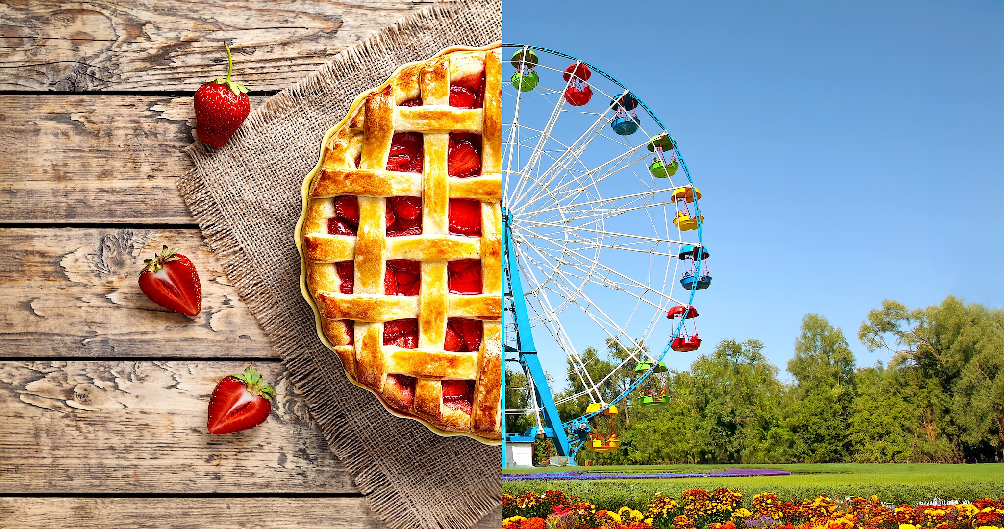 A photo with a pie on one side, and a ferris wheel on the other