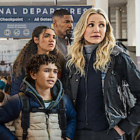 Rylan Jackson as Leo, McKenna Roberts as Alice, Jamie Foxx as Matt, and Cameron Diaz as Emily in 'Back In Action'.
