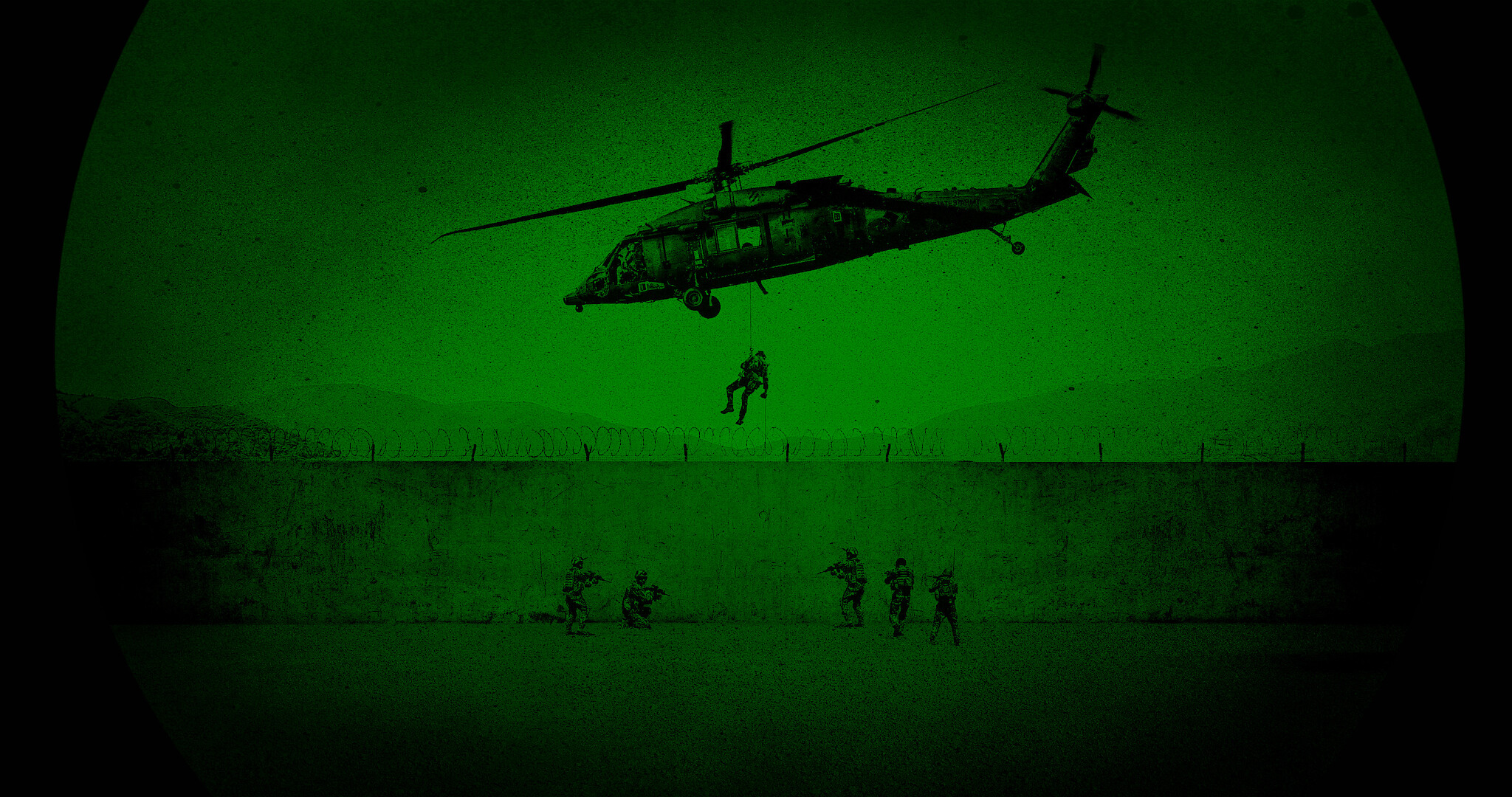 American Manhunt: Osama bin Laden key art - A helicopter is dropping off special forces in a compound. 