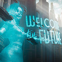 Futuristic cityscape with tall buildings, flying cars, and a large blue hologram of a woman next to glowing text reading "Welcome to the Future" in a vibrant, high-tech urban environment.