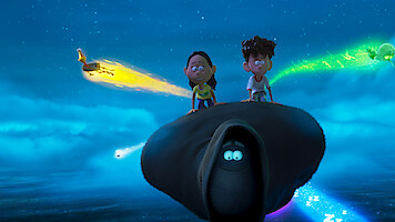 Two animated kids ride the back of a fictional character.
