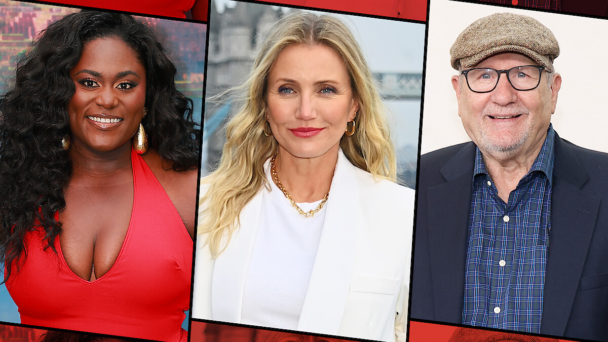 Three people in a triptych: a smiling woman in a red dress, another woman in a white blazer standing outdoors, and an older man in glasses, a cap, and jacket, all posing confidently. The overall mood is bright and positive.