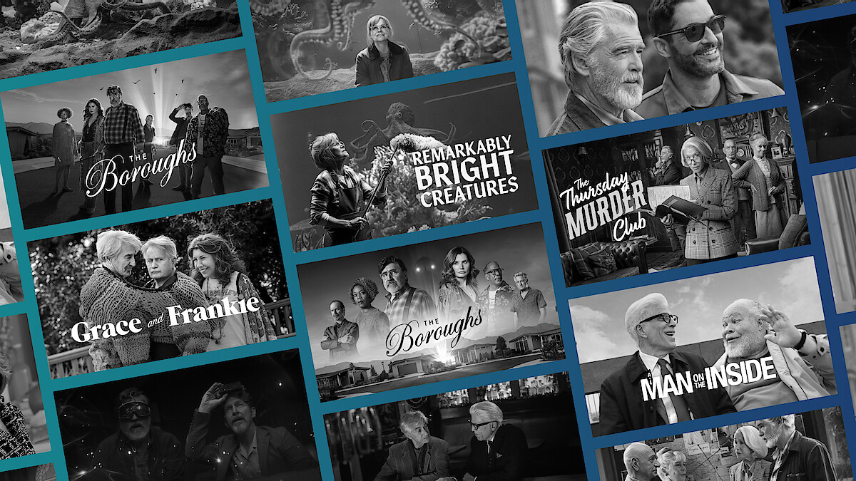 Collage of black and white images from various TV shows and movies, featuring different people in diverse outdoor and indoor settings, with titles like Grace and Frankie, Boroughs, Remarkably Bright Creatures, and The Thursday Murder Club.