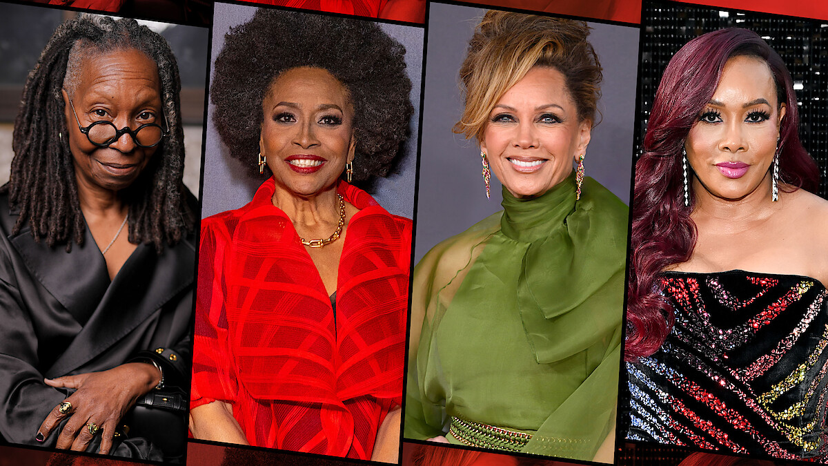 Four elegantly dressed women pose in formal and glamorous settings, each with unique hairstyles and vibrant outfits, standing against different backdrops, suggesting a celebration or event.
