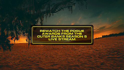 Text box with "Rewatch the Pogue Awards from the Outer Banks Season 5 live stream" over a sandy beach at sunset, trees and dark foliage in the background, creating a dramatic and scenic environment.