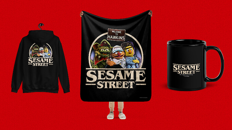 'Stranger Things' x 'Sesame Street' sweatshirt, blanket and mug.
