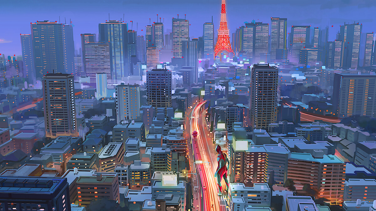 Production design sketch of Ken Sato as Ultraman (Christopher Sean) and Baby Emi in the streets of Tokyo by Ryo Yambe.