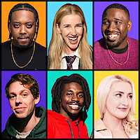 Ten people, each in their own square, pose for headshots with varied expressions and colorful casual clothing, arranged in a colorful grid pattern.