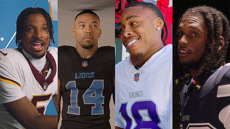 Four NFL players in uniform from different teams stand side by side, each with a distinct pose and expression. The backgrounds, lighting, and moods vary, reflecting their personalities and team colors.