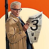 Older man in trench coat and glasses holds newspaper with a large number 3, standing against an orange and cream background, appearing stylish and mysterious.