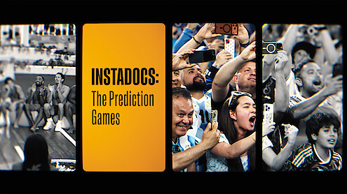 A sports documentary poster showing cheering fans at a stadium, excited spectators taking photos, and the title “INSTADOCS: The Prediction Games” in bold yellow, emphasizing competition and lively crowd atmosphere.