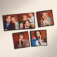 A collage of portrait photos featuring different people posing indoors against a red curtain.